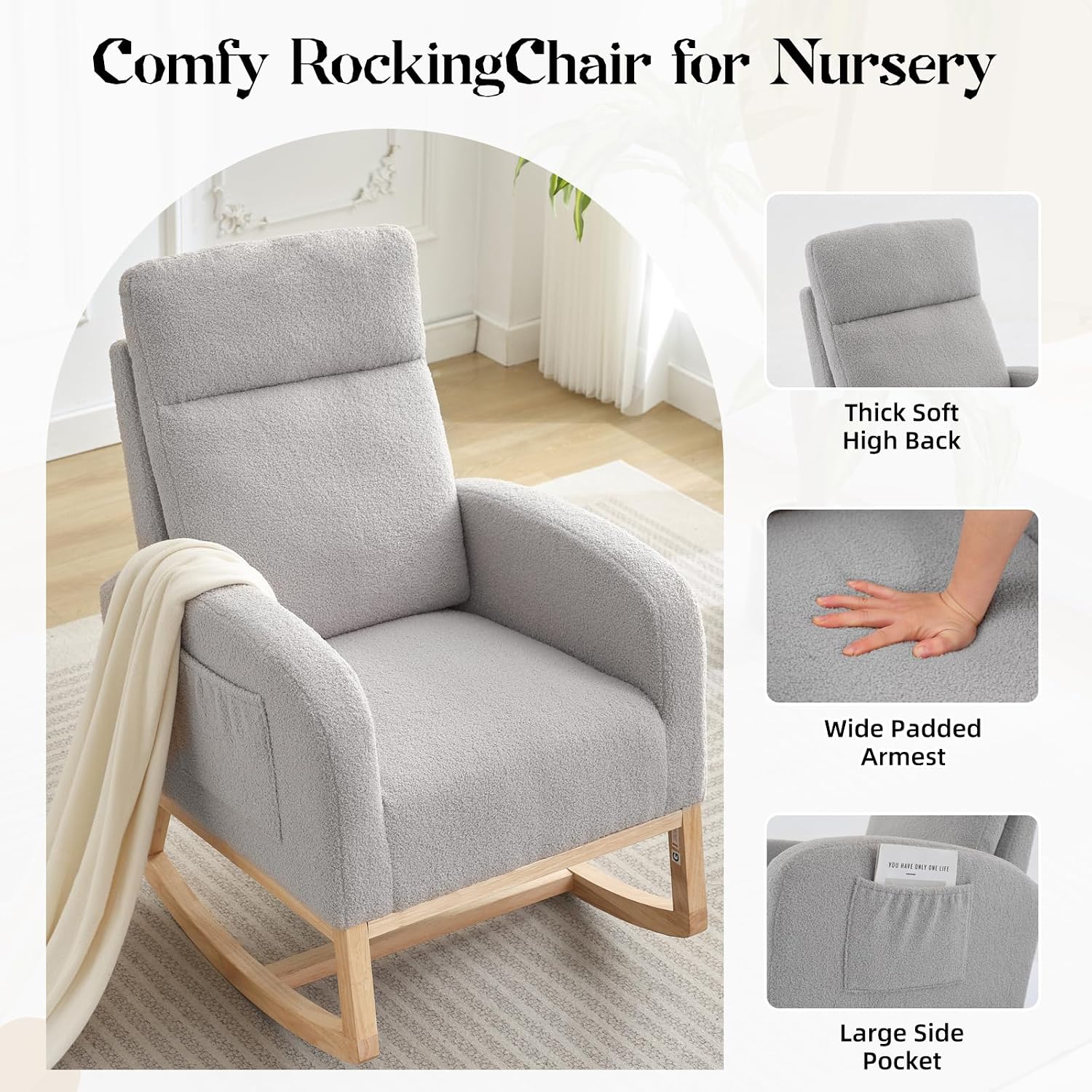 GarveeHome Rocking Chair Nursery,Glider Chair Nursery Chair with High Back and Side Pocket, Rocking Accent Armchair with Rubber Wood Legs for Living Room/Bedroom/Nursery