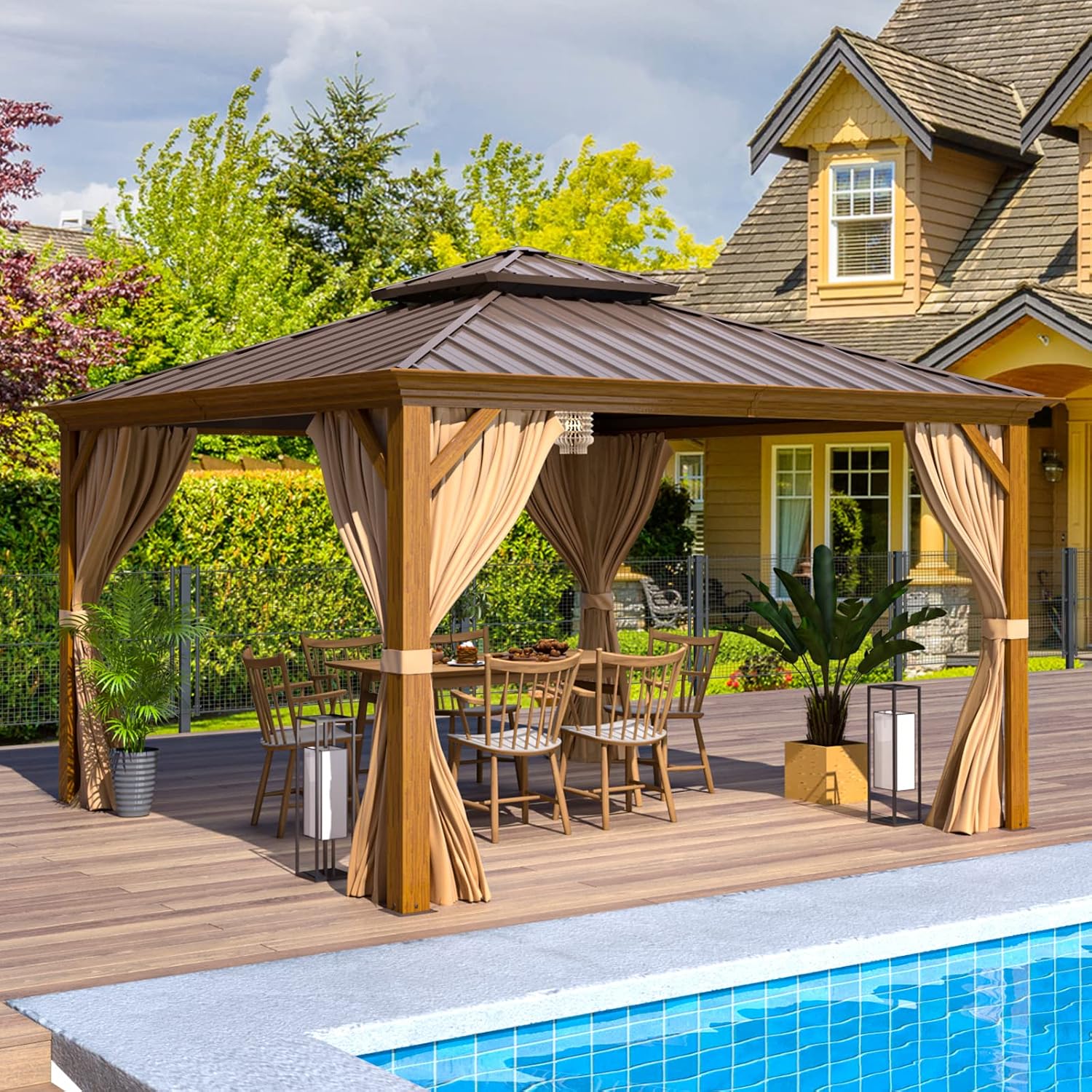 EROMMY 12' x 12' Gazebo, Wooden Finish Coated Aluminum Frame Canopy with Double Galvanized Steel Hardtop Roof, Outdoor Permanent Metal Pavilion with Curtains and Nettings for Patio, Backyard and Deck
