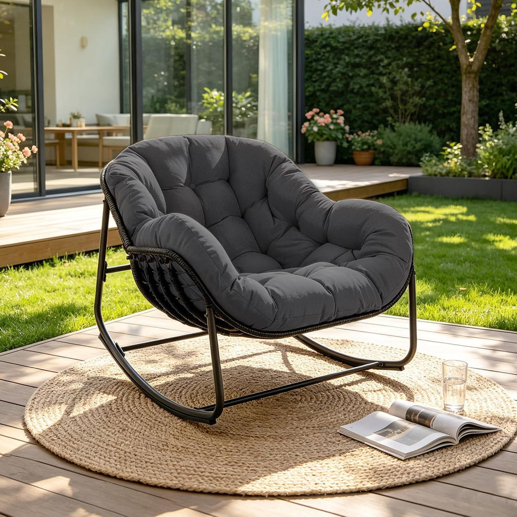 Papasan Rocking Chair Indoor & Outdoor, All Weather Wicker Papasan Patio Chair with Cushion & Pillow, Oversized Papasan Rocker Egg Chair for Bedroom, Garden, Patio - Grey.