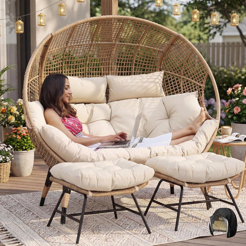 NICESOUL Indoor Outdoor Double Egg Chair with Ottoman Padded Cushions, 57.1' Plus Size XL Wicker Lounge Chair Deep Seating with Footrests, 2 Person Loveseat for Patio Porch Balcony Cream Beige