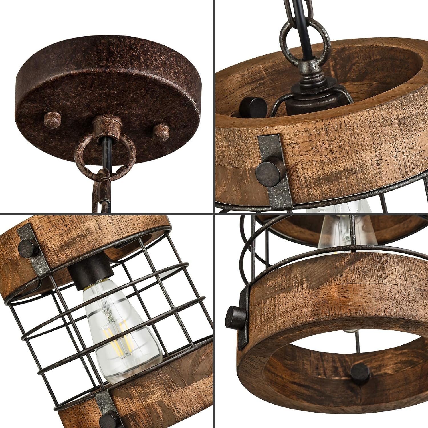 Retro Industrial Metal and Wood Farmhouse Chandeliers, 1-Light Round Cage Pendant Light Fixtures for Farmhouse Kitchen Island Foyer Hallway Bar Dining Room Restaurant, Brown, 2 Pack