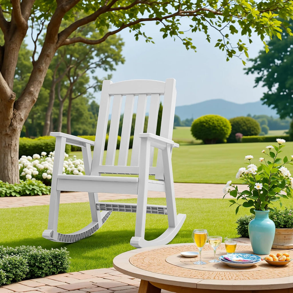 Greesum Set of 2 Outdoor Rocking Chair, Rust-Proof & UV-Resistant, Comfortable Smooth Glide for Deck, Porch, Lawn, or Garden, Bright White