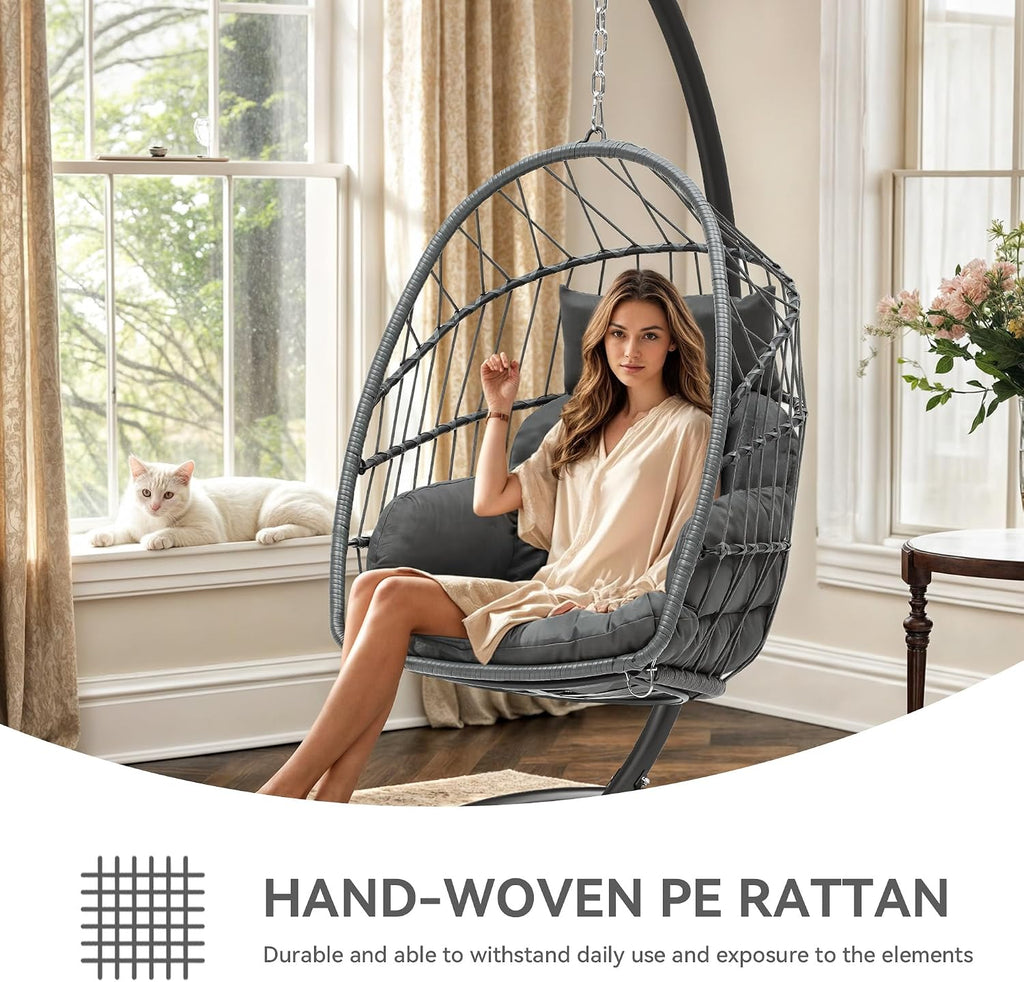 YITAHOME Hanging Egg Chair, Outdoor Patio Wicker Hammock Egg Chair Indoor with Cushion, Rattan Swing Chair 300lbs for Balcony, Garden Bedroom, Gray with Stand