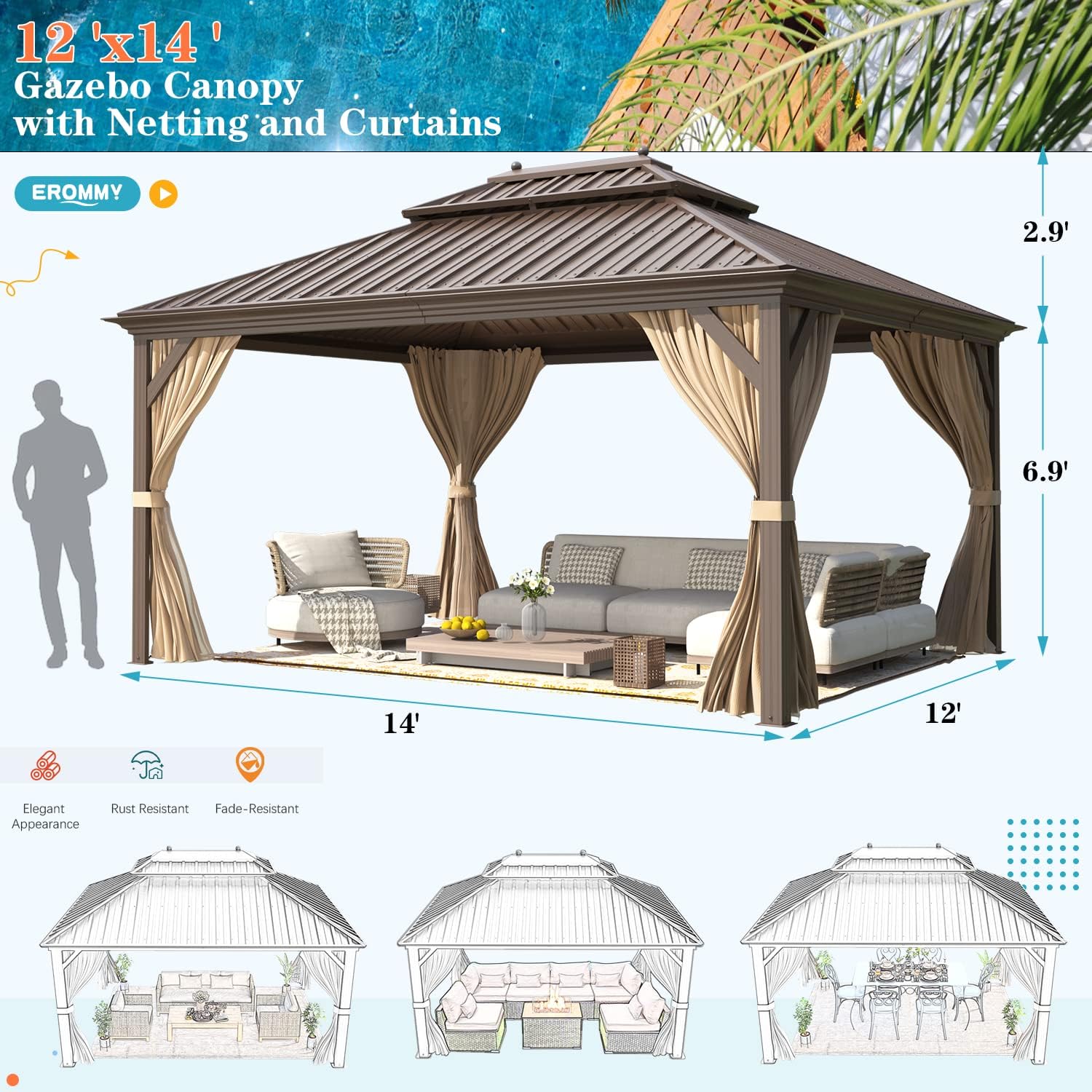EROMMY 12' X 14' gazebos on Clearance, Hardtop Gazebo Aluminum Gazebos with Galvanized Steel Double Roof for Patio Lawn and Garden, Curtains and Netting Included, Dark Bronze