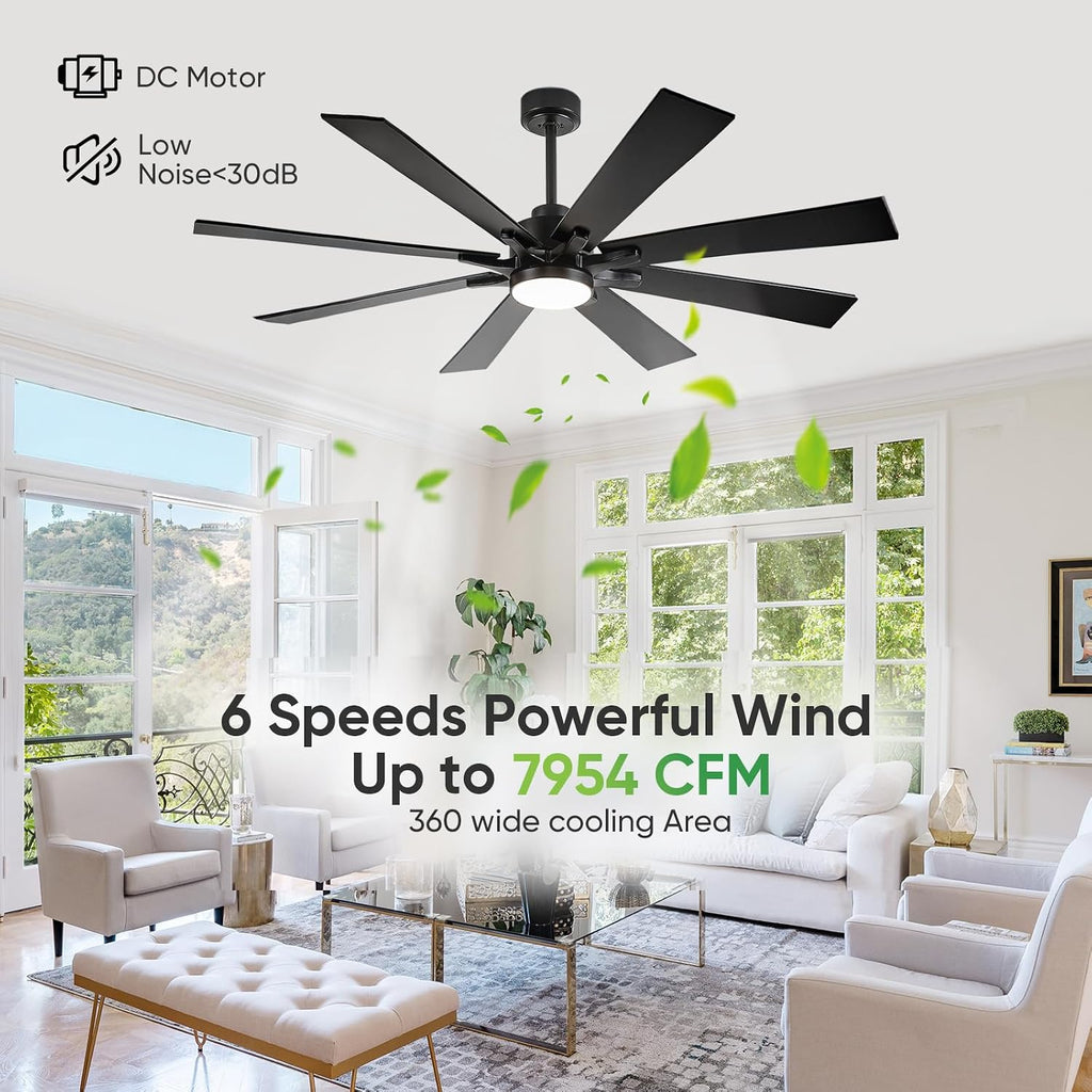 62 Inch Outdoor Ceiling Fan with Light for Patios, Black Ceiling Fan with Light, Large Damp Rated Industrial Fan with 8 Blades, Large Airflow Indoor Exterior Fans for Patios Porch Garage Office