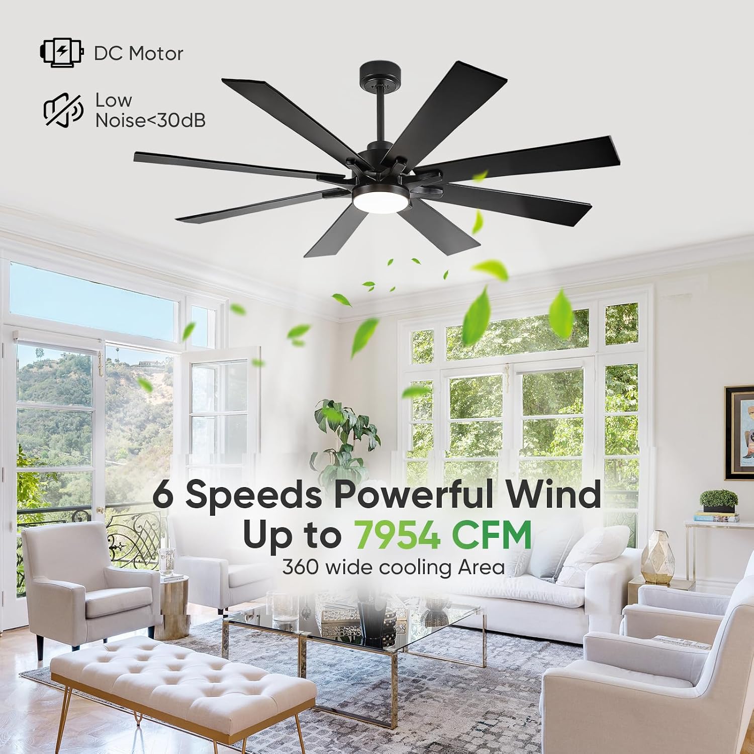 62 Inch Outdoor Ceiling Fan with Light for Patios, Black Ceiling Fan with Light, Large Damp Rated Industrial Fan with 8 Blades, Large Airflow Indoor Exterior Fans for Patios Porch Garage Office