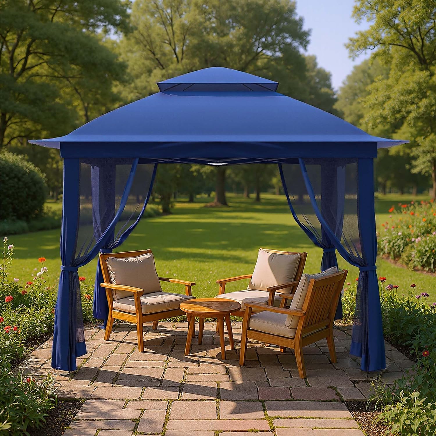 Pop Up Gazebo 11x11, Outdoor Instant Canopy Shelter Tent with Mosquito Netting Metal Frame Storage Bag for Patio Garden Backyard.(Dark Blue) (Dark Blue)