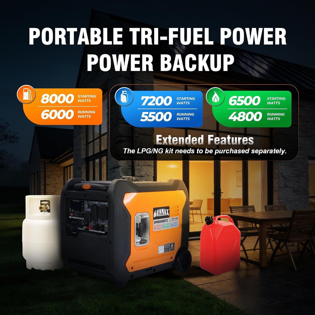 GENMAX 8000w Tri-Fuel Inverter Generator(2026Model)Features2Wire Auto Start/Stop,bluetooth APP Control,CO Sensor,Digital Display&50A Outlet-Ideal for Home Backup&Camping,EPA&CARB Compliant(GM8000iETC)
