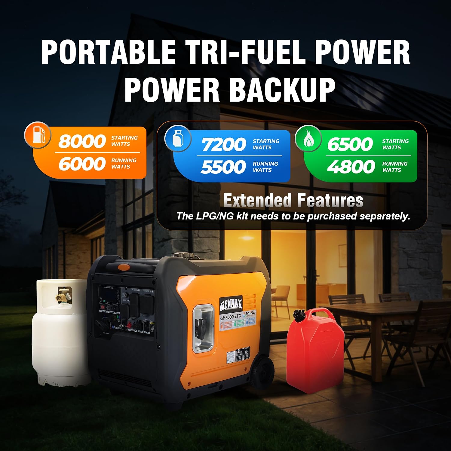 GENMAX 8000w Tri-Fuel Inverter Generator(2026Model)Features2Wire Auto Start/Stop,bluetooth APP Control,CO Sensor,Digital Display&50A Outlet-Ideal for Home Backup&Camping,EPA&CARB Compliant(GM8000iETC)