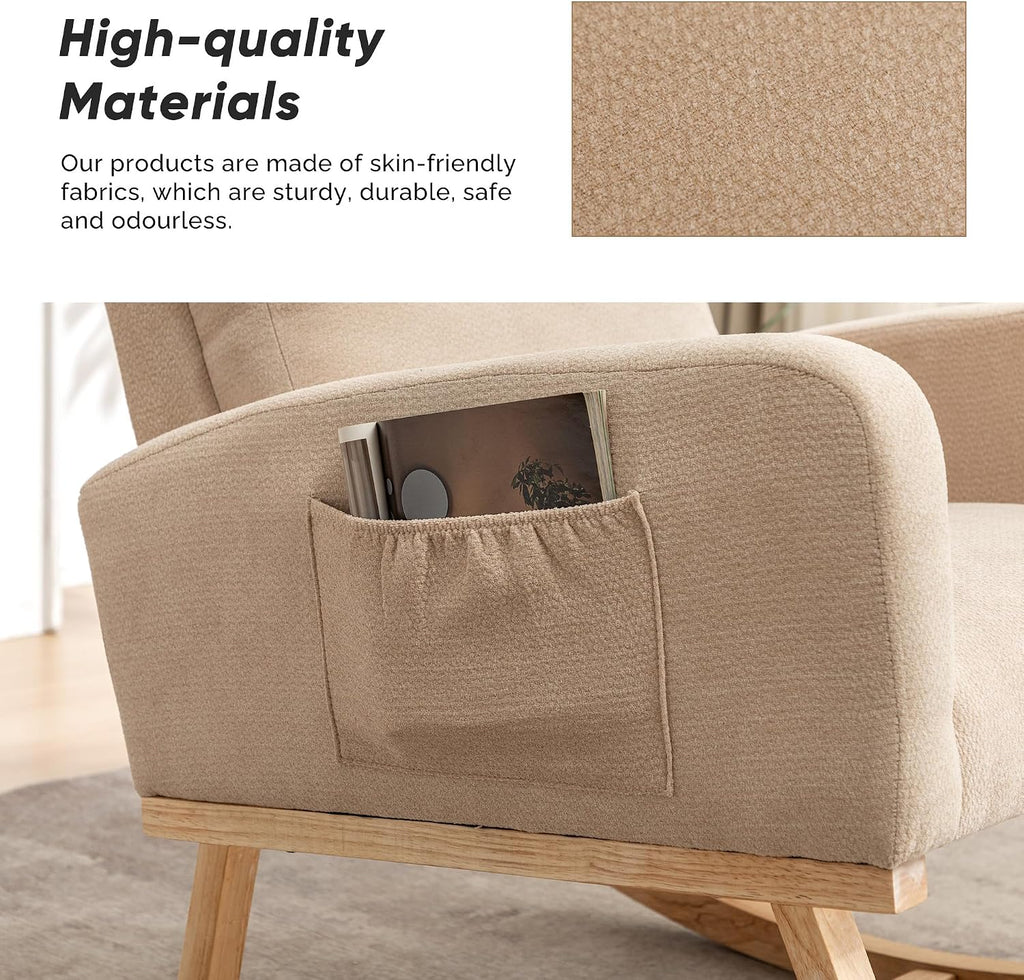 Rocking Chair Nursery, Uplostered Fabric Nursery Rocking Chair, Comfy High Backrest Rocker Nursing Chair for Mom Breastfeeding with Extended Legs for Living Room Bedroom, Khaki