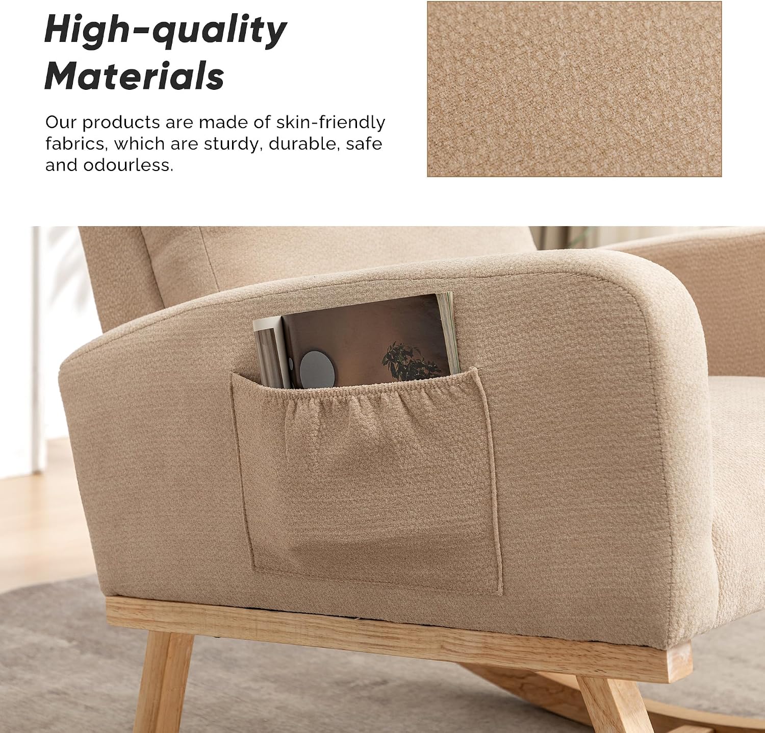 Rocking Chair Nursery, Uplostered Fabric Nursery Rocking Chair, Comfy High Backrest Rocker Nursing Chair for Mom Breastfeeding with Extended Legs for Living Room Bedroom, Khaki