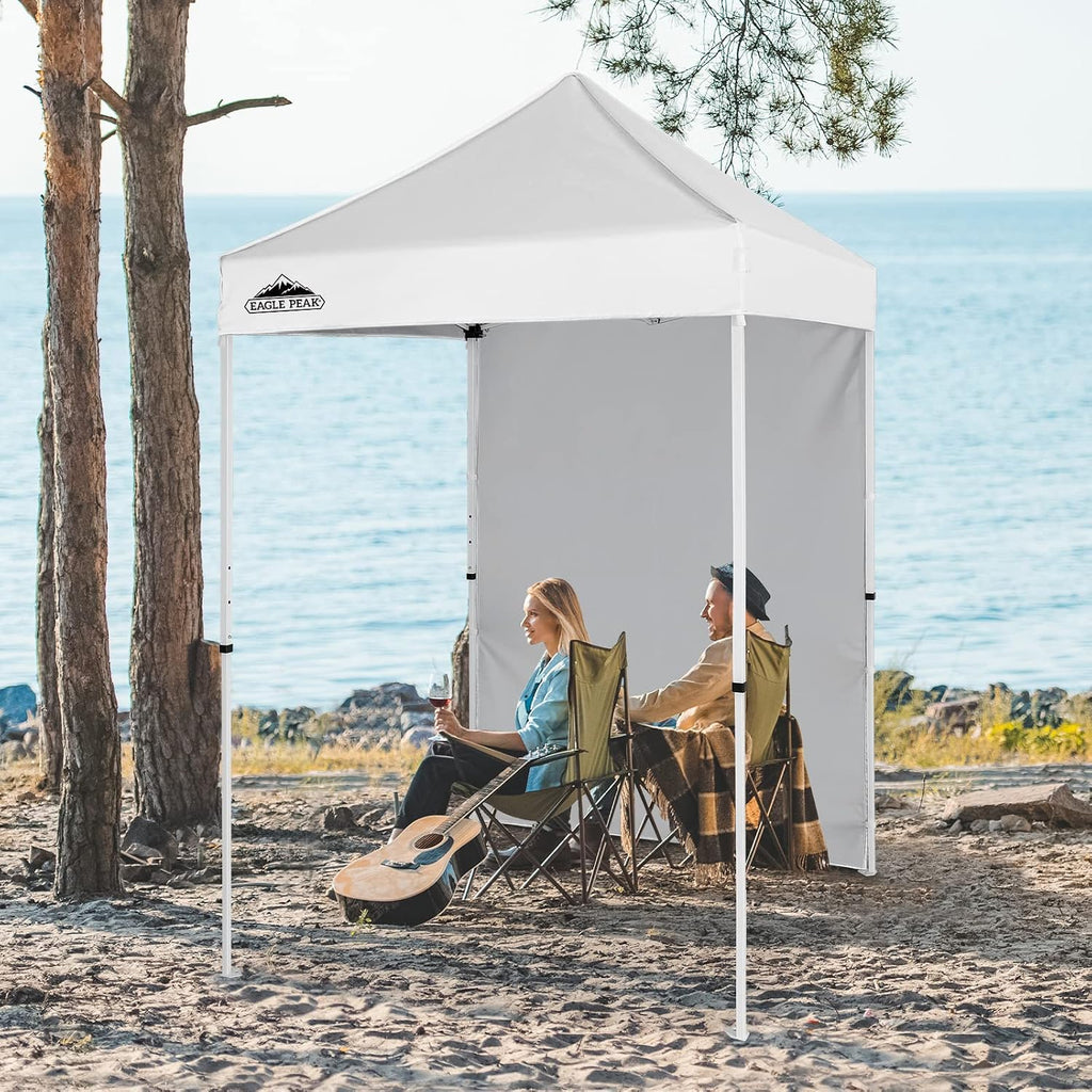 EAGLE PEAK Pop up Canopy 5x5, Outdoor Portable Canopy Tent with One Removable Sunwall, Carry Bag Included, White