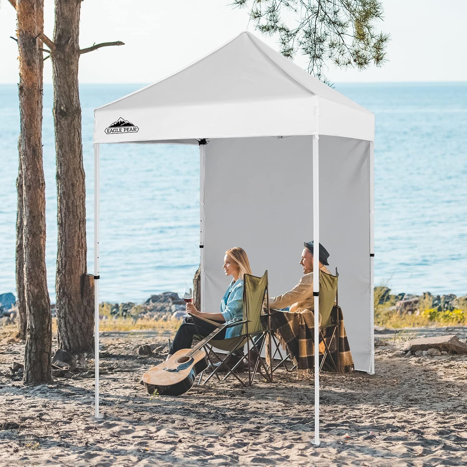 EAGLE PEAK Pop up Canopy 5x5, Outdoor Portable Canopy Tent with One Removable Sunwall, Carry Bag Included, White
