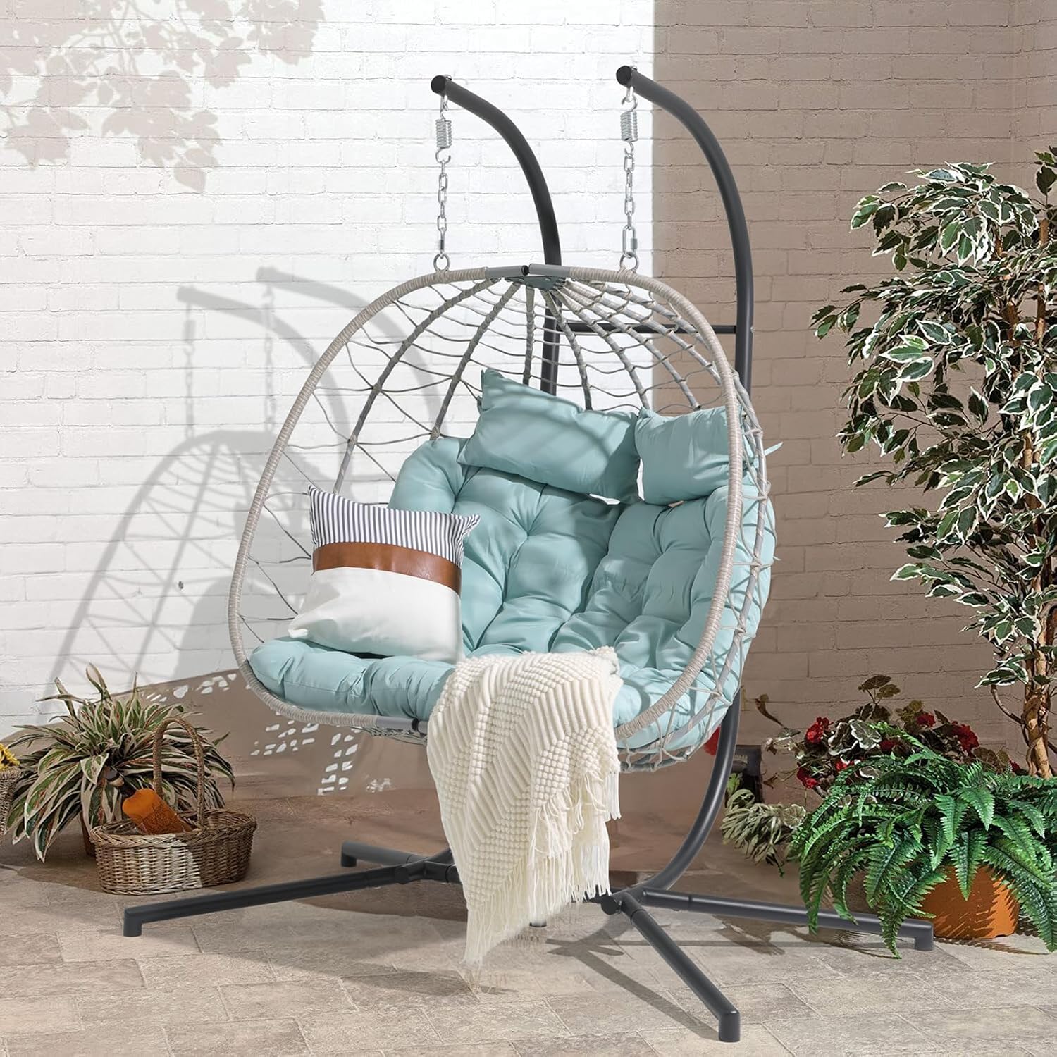 Patiorama 2 Person Double Egg Swing Chair with Stand Indoor Outdoor, Patio Wicker Rattan Hanging Egg Chair w/Cushion, Pillow, Foldable Hammock Chair 550lbs for Bedroom, Balcony, Garden (Light Blue)