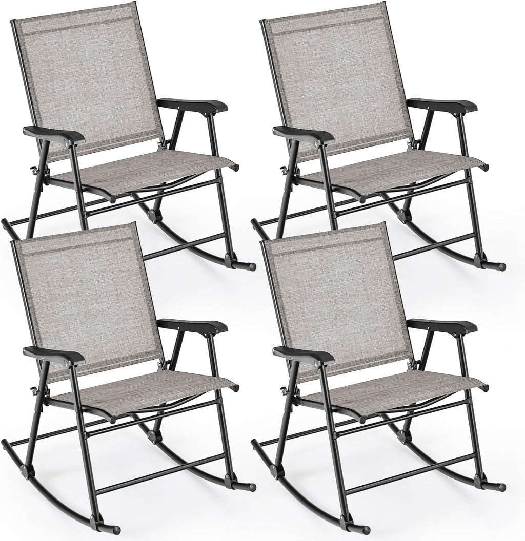 Tangkula Folding Rocking Chair Set of 4, Patio Rockers with Breathable Seat Fabric & Sturdy Metal Frame, Smooth Rocking Motion, Heavy-Duty Outdoor Rocker for Backyard, Front Porch, Poolside