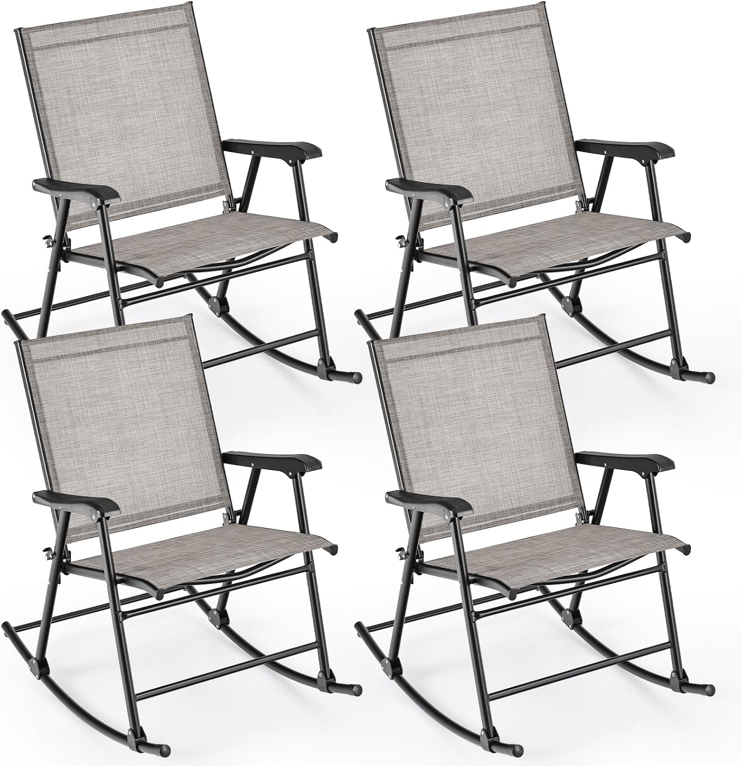 Tangkula Folding Rocking Chair Set of 4, Patio Rockers with Breathable Seat Fabric & Sturdy Metal Frame, Smooth Rocking Motion, Heavy-Duty Outdoor Rocker for Backyard, Front Porch, Poolside
