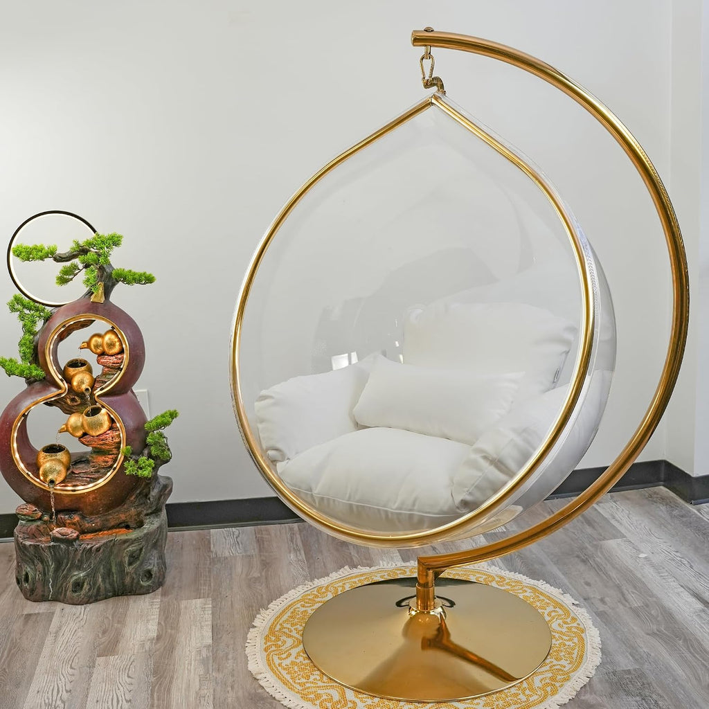 Hanging Chair - Transparent Acrylic Bubble, Waterdrop Shape, Indoor Swing Chair with Gold/Chrome Stand, Durable Fabric Cushion - Luxury Accent for Living Room, Bedroom (Gold/White)