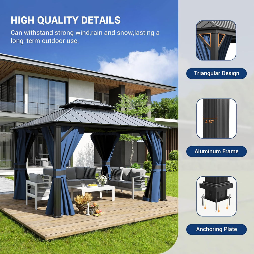 Amopatio 10' X 12' Hardtop Gazebo, Aluminum Gazebo with Double Galvanized Steel Roof, Curtains and Netting Included,Outdoor Metal Pergola for Patios, Garden, Parties, Lawns（Blue