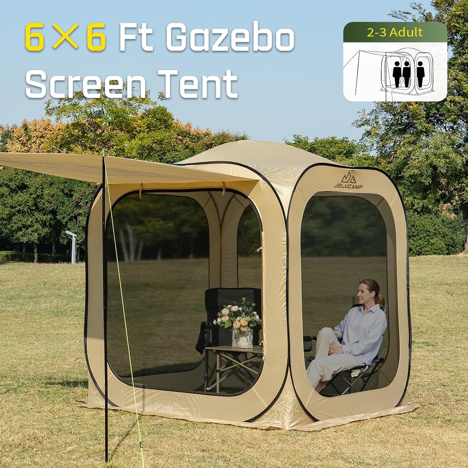 JELUCAMP 6x6 FT Pop Up Screen House Tent - Instant Screened Gazebo Canopy with Mosquito Net, Portable Backyard Tent for 4-6 People, Easy Setup Patio Shelter for Camping, BBQ, Sports & Outdoor