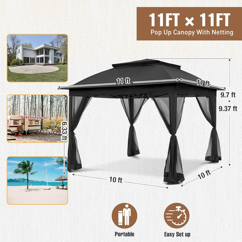 11x11 Pop Up Gazebo Tent with Mesh Netting, Instant Outdoor Canopy with UPF 50+ UV Protection, Water Resistant, Black
