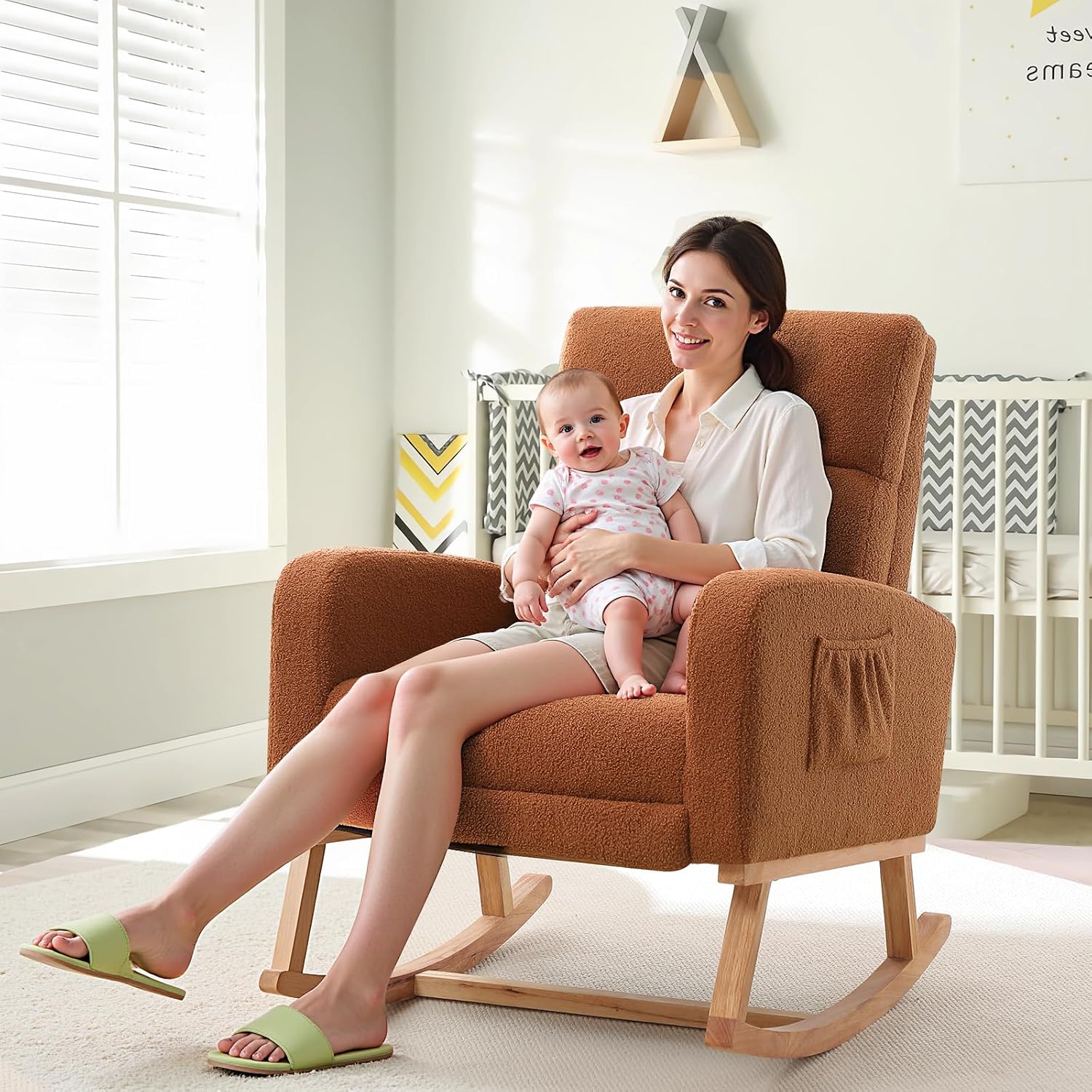HCHAIRH Rocking Chair Nursery with Foot Rest, Nursing Rocking Chairs for Mom Nursery, Teddy Rocker Glider with High Backrest for Living Room, Bedroom, Brown