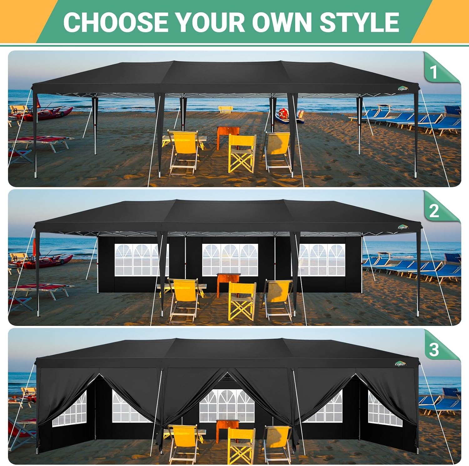 COBIZI 10x30 Pop Up Canopy Tent for Parties with 8 Sidewalls Waterproof Commercial Instant Canopy 10x30 Party Tent for Backyard, Wedding Portable Outdoor Gazebo with Carrybag&4 Sandbags(Black