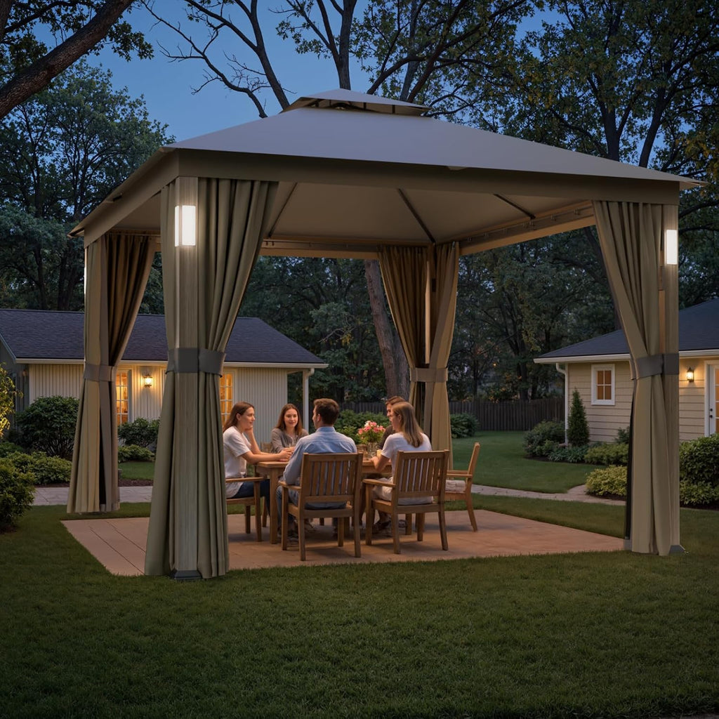 Sannwsg Outdoor Patio Gazebo 10x12 FT, Soft Top Gazebo with Arched Roof Canopy, Metal Frame, Mosquito Netting & Privacy Curtains, for Backyard & Deck, Brown