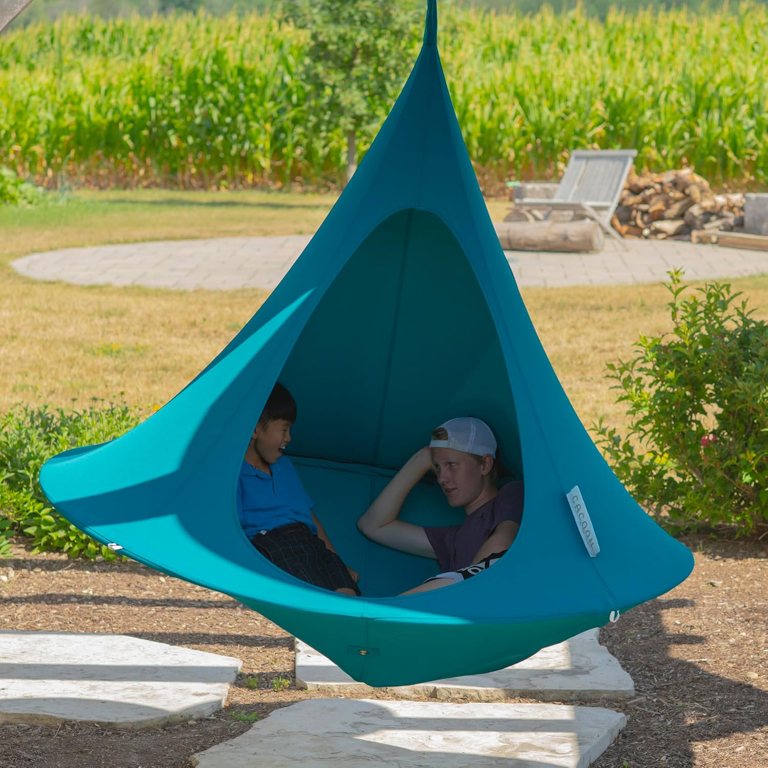 Double Cacoon Hanging Chair for Two – Cozy Indoor/Outdoor Hammock with Polyester Canvas, 440 lb Capacity, Includes 18ft Rope & Carabiner (Bayou Breeze)