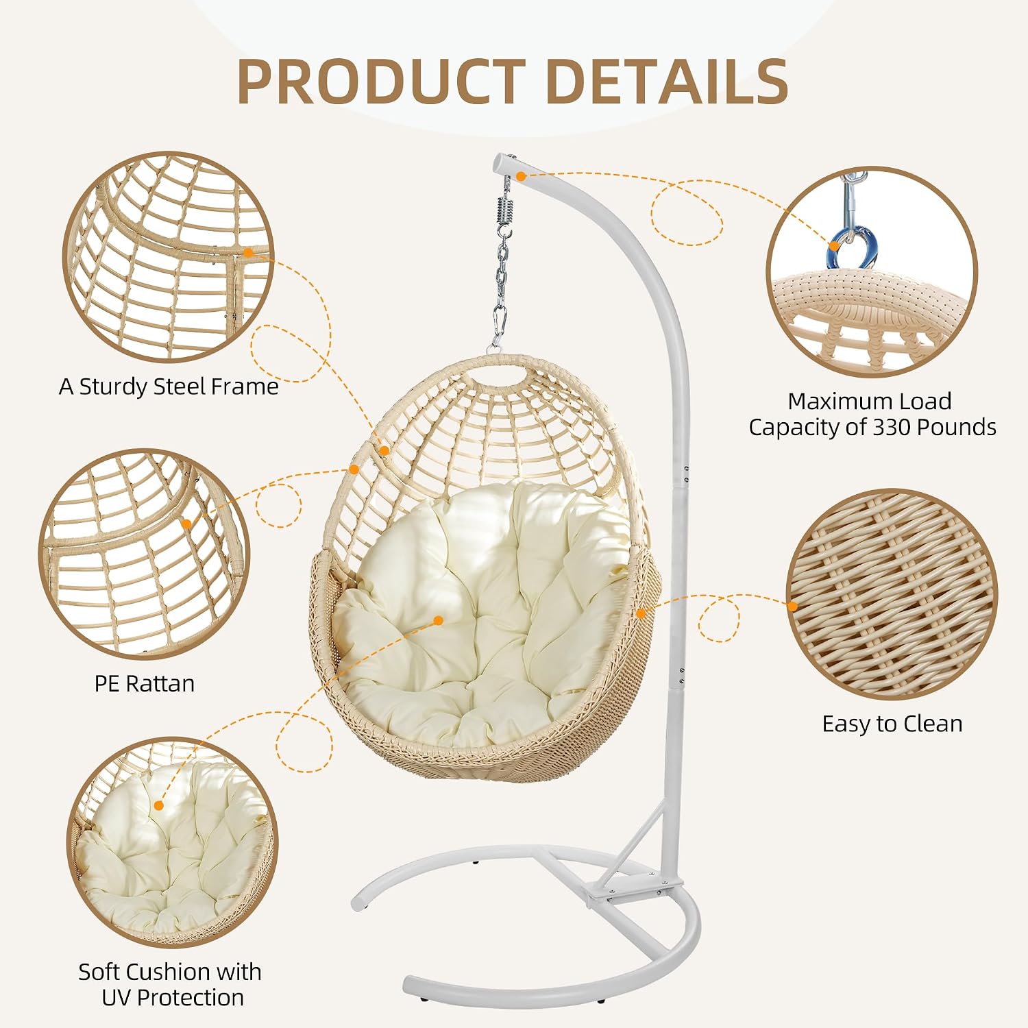 TWT Egg Swing Chair with Stand Hanging Egg Chair Outdoor - Rattan Wicker Patio Hanging Basket Chair Hammock Chair with Metal Frame and UV Resistant Cushion for Indoor Bedroom Balcony (Beige)