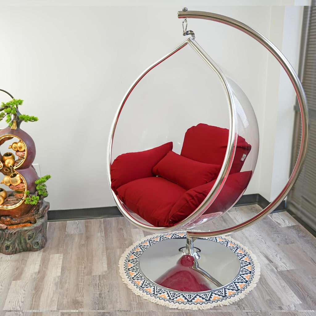 Hanging Chair - Transparent Acrylic Bubble, Waterdrop Shape, Indoor Swing Chair with Gold/Chrome Stand, Durable Fabric Cushion - Luxury Accent for Living Room, Bedroom (Chrome/Red)