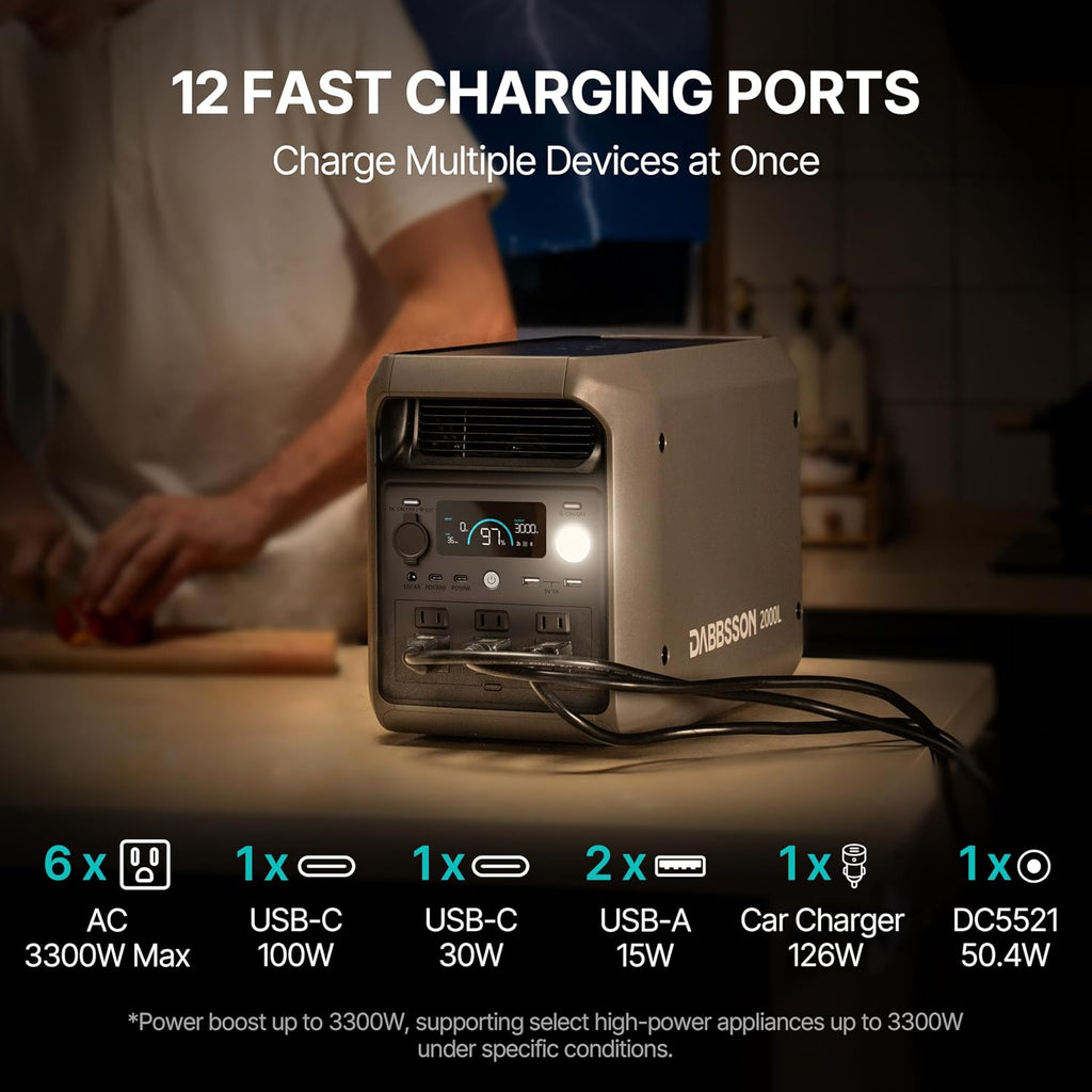 DABBSSON 2000L Solar Generator with Charger S, 2048Wh Semi-Solid LiFePO4, 560W Alternator Charger, 2200W AC x6, P-Boost 3300W, Compact&Lightweight, 1.3X Runtime, Portable Power Station for Camping/RV