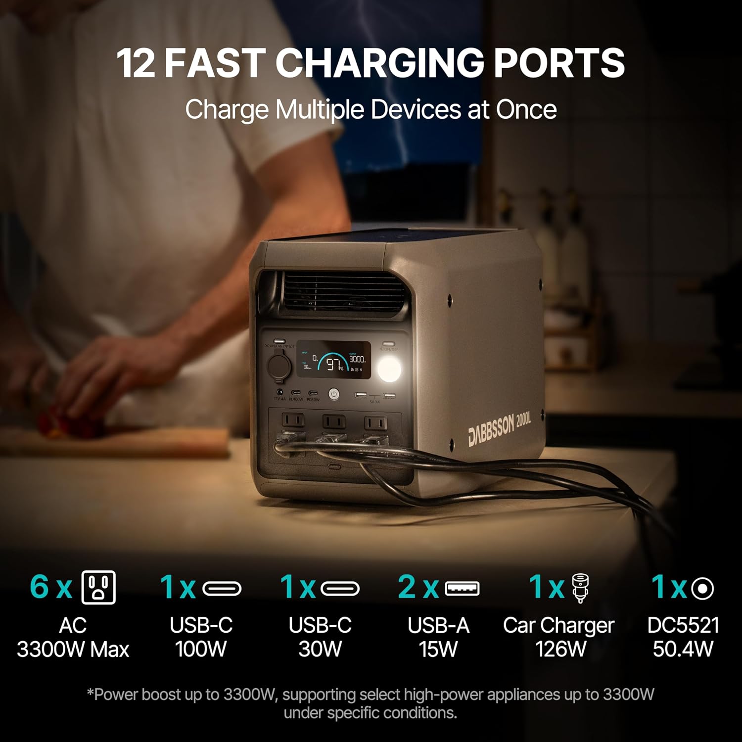 DABBSSON 2000L Solar Generator with Charger S, 2048Wh Semi-Solid LiFePO4, 560W Alternator Charger, 2200W AC x6, P-Boost 3300W, Compact&Lightweight, 1.3X Runtime, Portable Power Station for Camping/RV