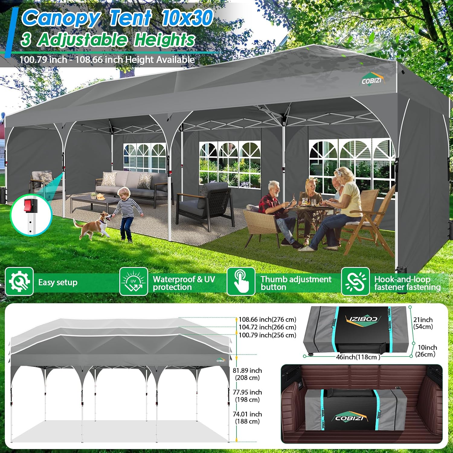 COBIZI 10x30 Pop Up Canopy Tent for Parties with 5 Sidewalls| Push Center Lock & Air Vent| Waterproof & UPF50+ |Gazebo Outdoor Tent for Party,Wedding,BBQ with 4 Sandbags, 8 Stakes & 16 Ropes,Grey