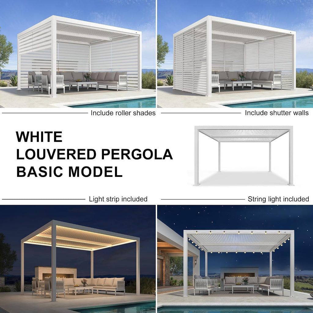 PURPLE LEAF Louvered Pergola 11' x 13' Outdoor White Aluminum Pergola with Fixed Shutter Wall Adjustable Roof Gazebo for Patio Backyard, 1 Short Side