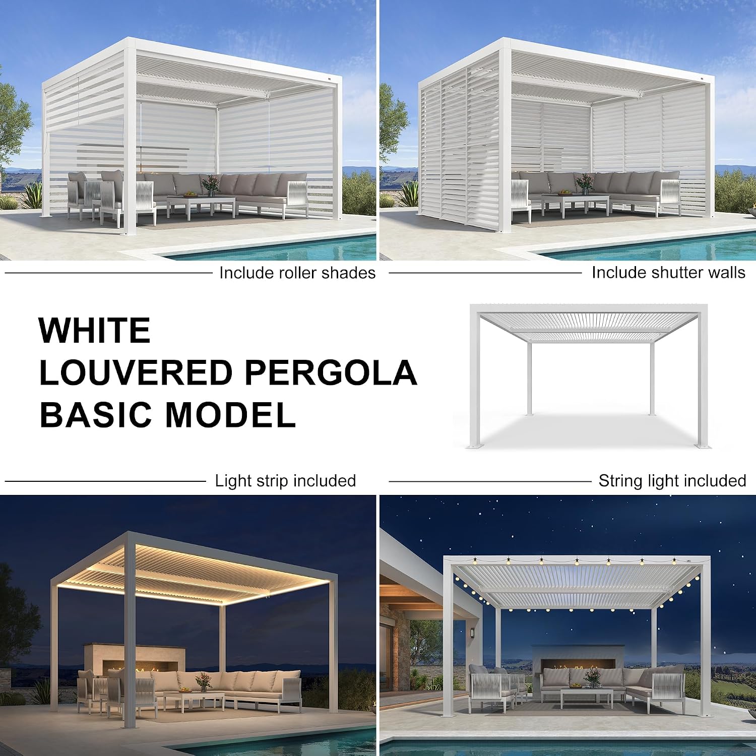 PURPLE LEAF Louvered Pergola 11' x 13' Outdoor White Aluminum Pergola with Fixed Shutter Wall Adjustable Roof Gazebo for Patio Backyard, 1 Short Side