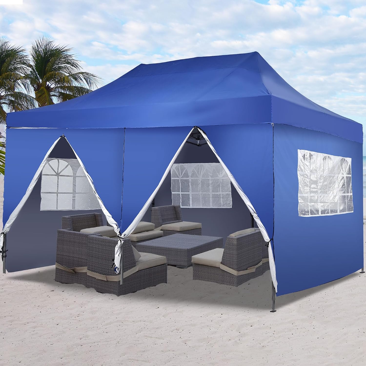 GDY 10'x20' Pop Up Canopy, Folding Party Tent with 6-Panel Removable Sidewalls, Heavy Duty Outdoor Commercial Instant Gazebo with Wheeled Bag, Blue.