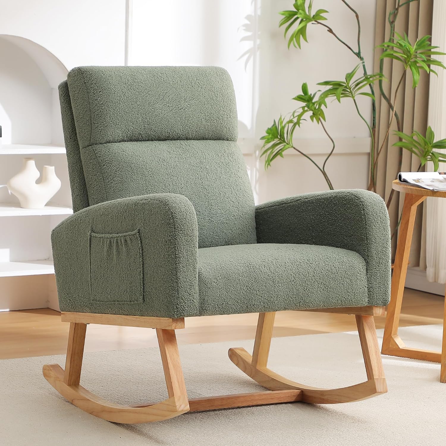 HCHAIRH Rocking Chair Nursery, Boucle Teddy Nursing Rocking Chairs, Upholstered Nursery Glider Rocker for Mom Nursery Morden Accent Rocking Chair with Side Pocket for Living Room,Bedroom, Green