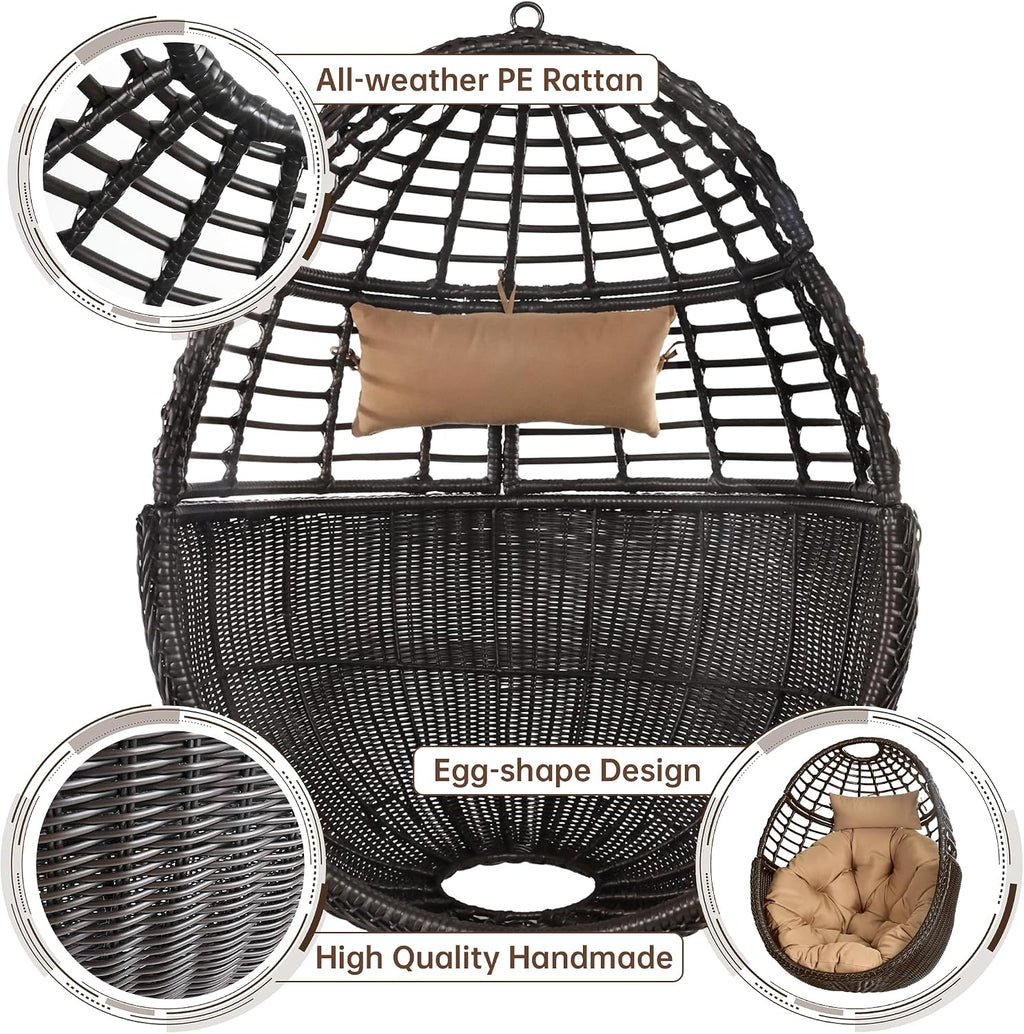 Hanging Egg Chair Hammock with Stand Wicker Rattan for Indoor Outdoor Patio Bedroom Swing with Steel Frame and Soft Cushion