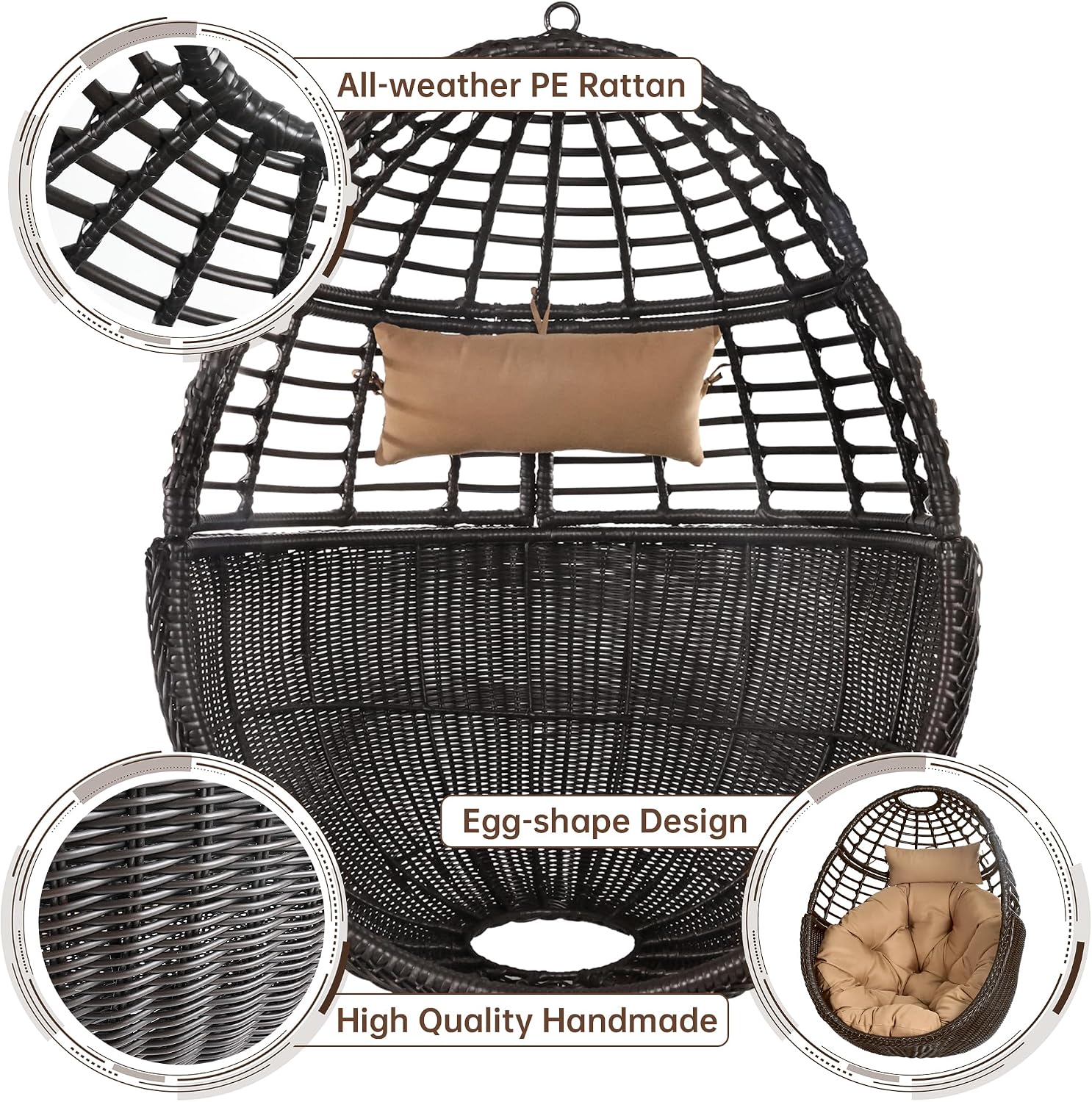 Hanging Egg Chair Hammock with Stand Wicker Rattan for Indoor Outdoor Patio Bedroom Swing with Steel Frame and Soft Cushion