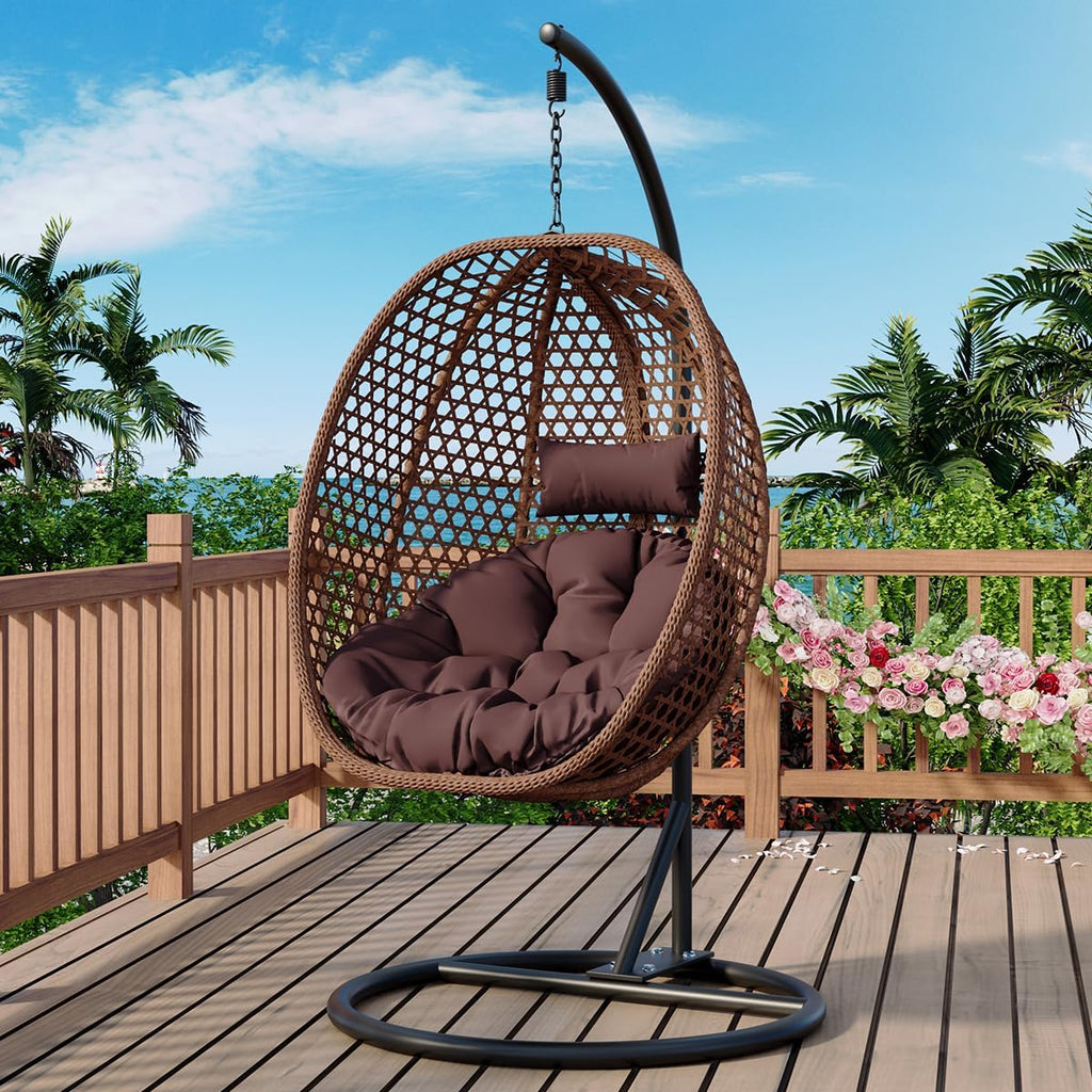 JUFU Egg Chair with Stand, Premium Indoor Outdoor Hanging Swing Chair with Thick Cushion and Headrest, 350 lb Capacity Patio Egg Chair for Bedroom, Balcony, Porch, Backyard