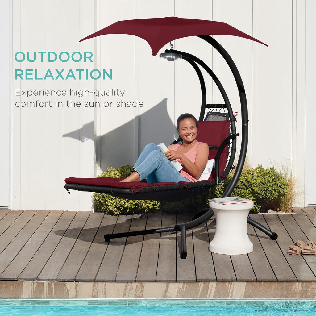 Best Choice Products Hanging LED-Lit Curved Chaise Lounge Chair Swing for Backyard, Patio, Lawn w/ 3 Light Settings, Weather-Resistant Pillow, Removable Canopy Shade, Steel Stand - Burgundy