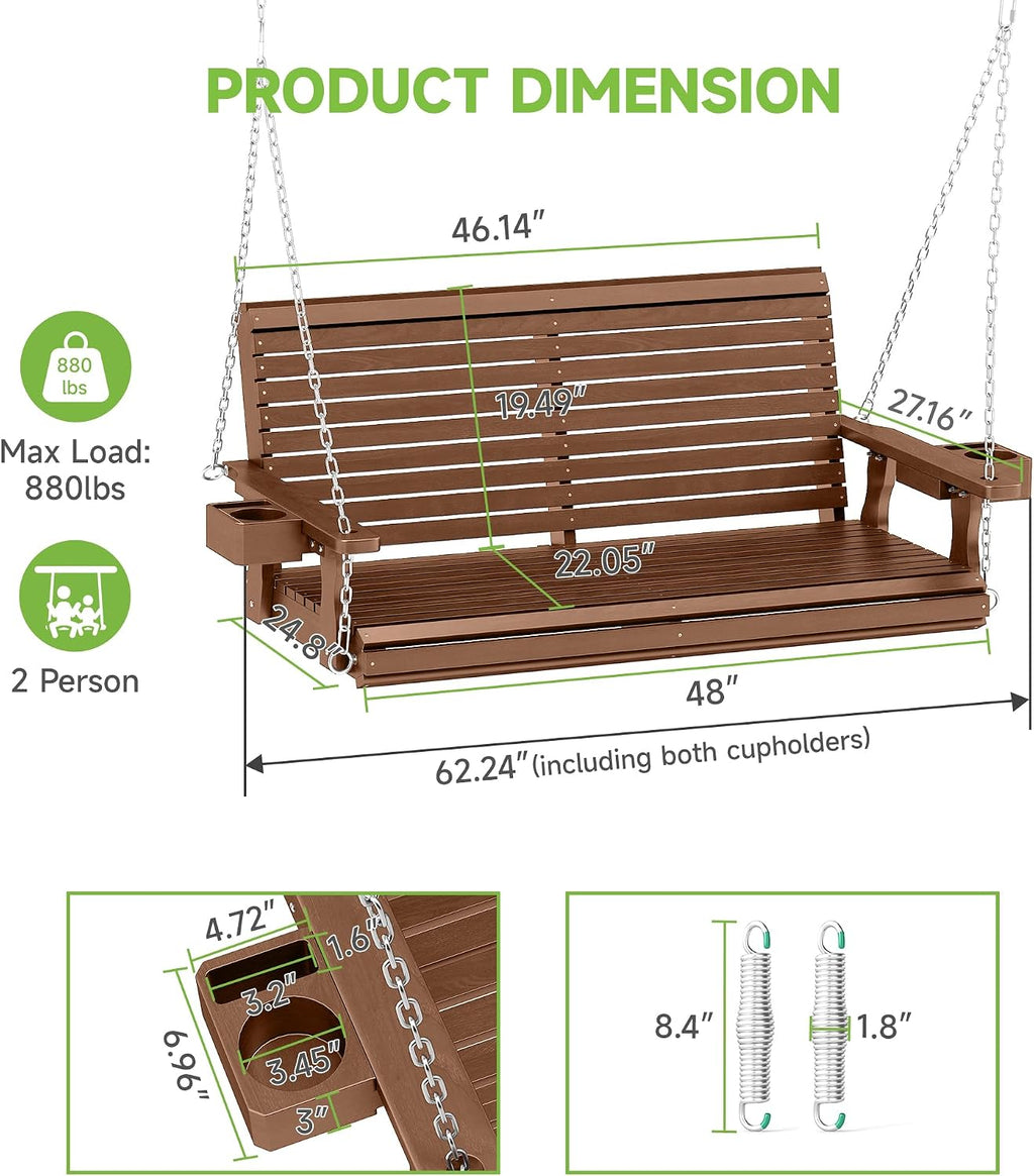 Real Relax 2-Seater Front Porch Swing, Wooden Outdoor Porch Swing Bench Chair with Cupholders, Upgraded 22' Deep Seat, Heavy Duty 880 Lbs Hanging Chains for Outdoor, Patio, Backyard 4 FT (Teak Tone)