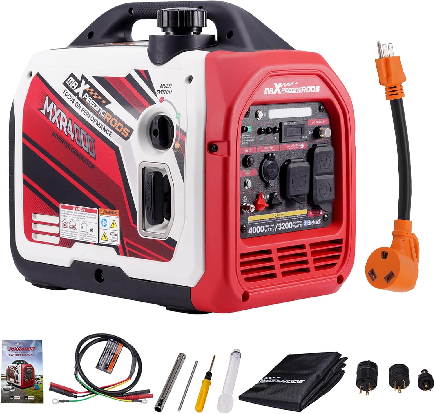 maXpeedingrods Portable 4000 Watt Inverter Generator with RV Power Adapter Cord 15Amp to 30Amp, NEMA 5-15P to TT-30R