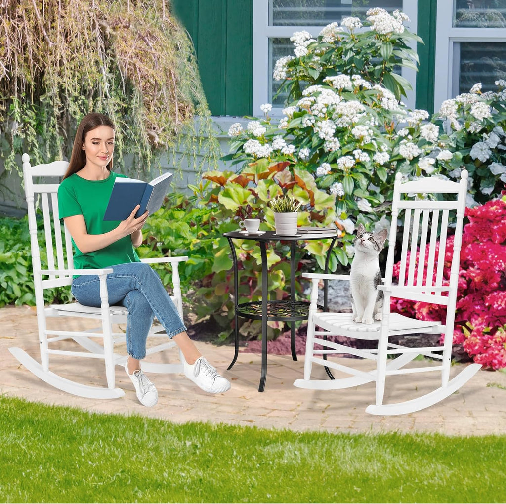 VINGLI Wooden Rocking Chair, Outdoor Chair with 450 lbs Support, Relaxing Rocker with Solid Wood High Back Seat Reclining Seat for Deck, Garden, Backyard, Porch, Indoor or Outdoor Use (White, 2PCS)