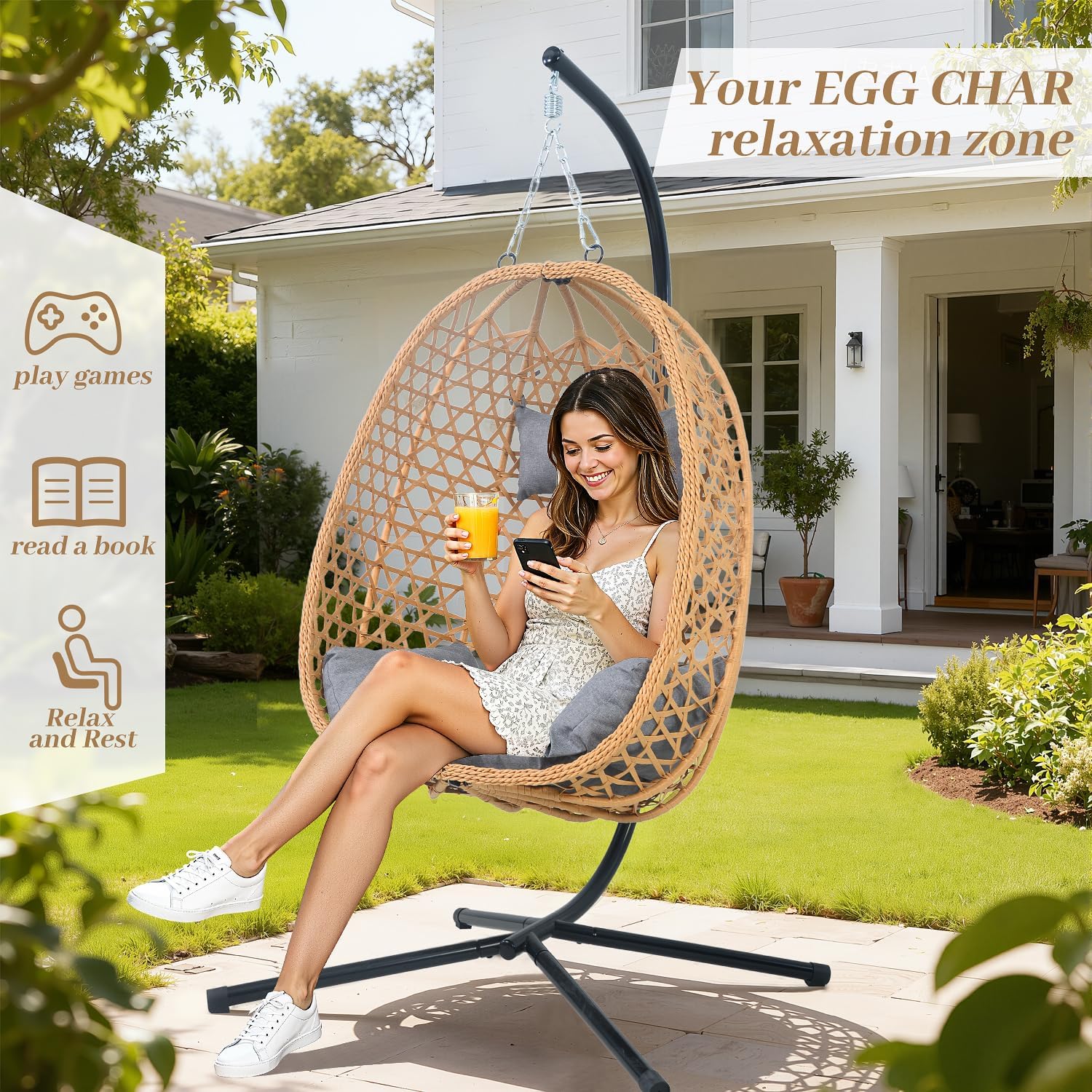EortheX Hanging Egg Chair with Cushions – Comfortable Rattan Swing Chair with Stand for Patio, Garden, or Balcony – Stylish and Relaxing Outdoor Lounge Chair, 350LBS Capacity Indoor Outdoor (Grey)