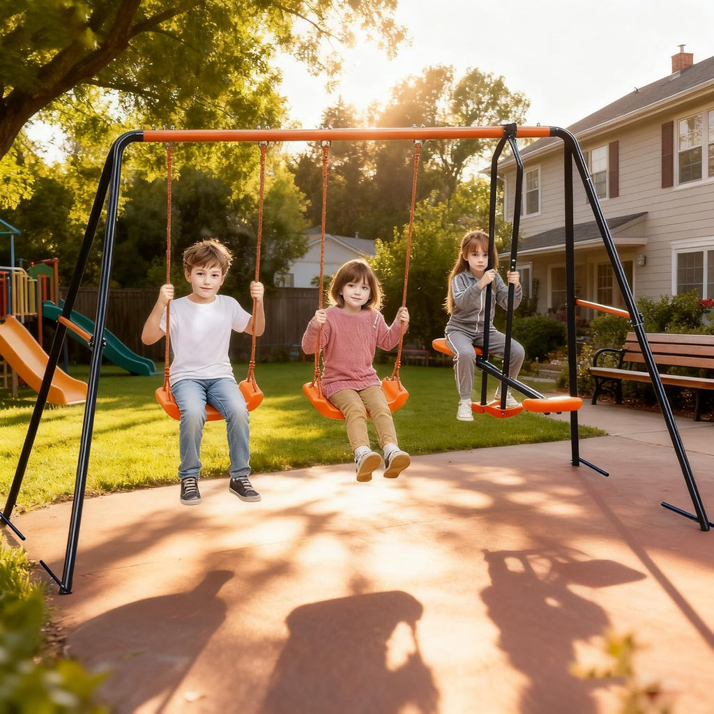 ZENY Outdoor Swing Set for Backyard, 2 Belt Swings and 1 Glider, A Frame Stand for Patio, Playground
