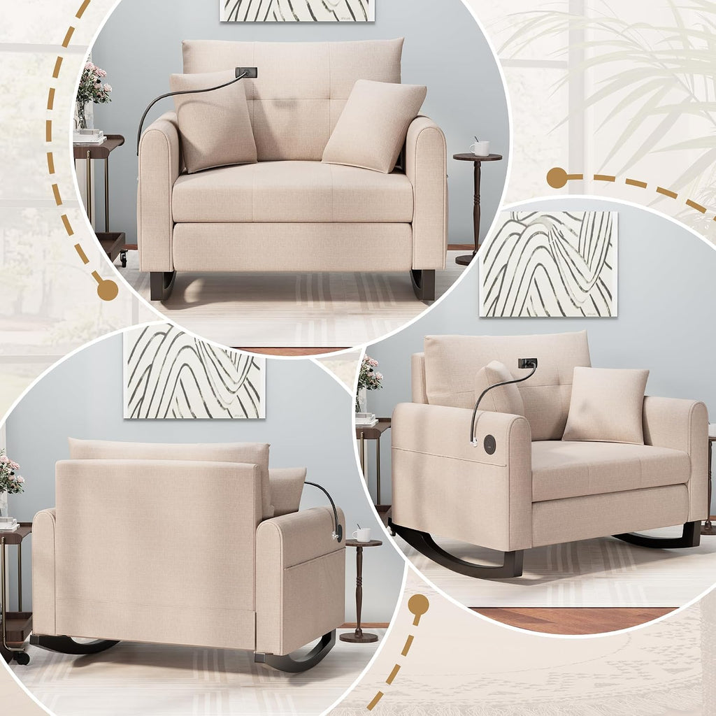 HOMREST Upholstered Oversize Rocking Chair with Adjustable Phone Handle, Nursery Rocking Chair with High Back and Side Pocket USB Port, Double Wide Rocker for Living Room, Bedroom, Nursery, Beige