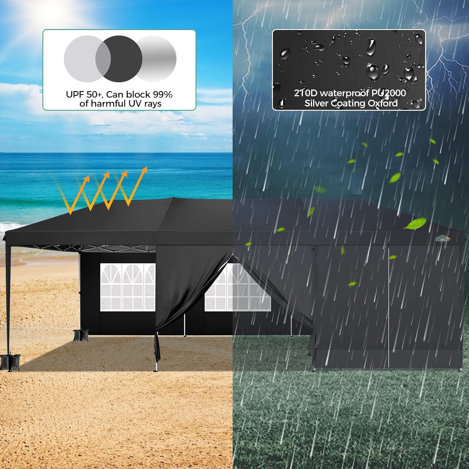 COBIZI 10x30 Pop Up Canopy Tent for Parties with 8 Sidewalls Waterproof Commercial Instant Canopy 10x30 Party Tent for Backyard, Wedding Portable Outdoor Gazebo with Carrybag&4 Sandbags(Black
