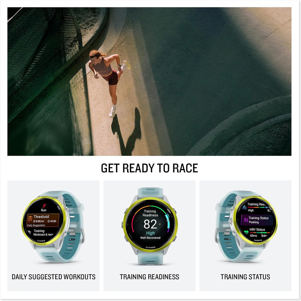 Garmin Forerunner 570 (47 mm, Amp Yellow/Translucent Whitestone/Turquoise) Running GPS Smartwatch - AMOLED Display, Training - Gift Box Bundle w/PlayBetter HD Screen Protectors, Wall Adapter & Case