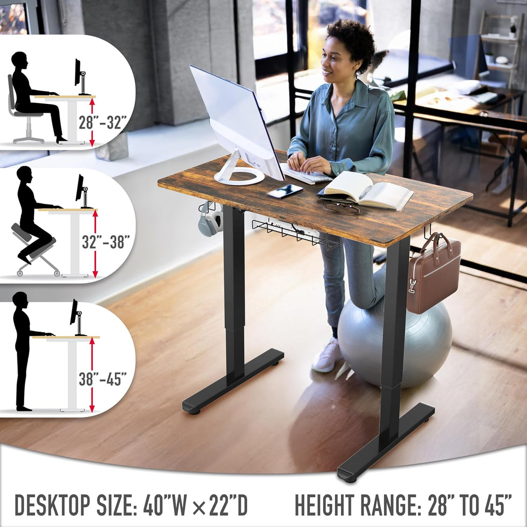 SHW 40 x 22 Inches Electric Height Adjustable Sit to Stand Desk with Hanging Hooks and Cable Management, Black Frame and Rustic Brown Top